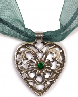 Collier ruban voile pendentif coeur vert mousse
